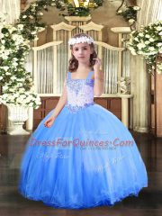 Unique Floor Length Ball Gowns Sleeveless Baby Blue Pageant Gowns For Girls Lace Up