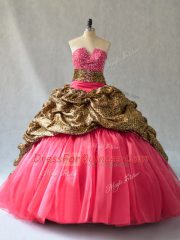 Organza V-neck Sleeveless Lace Up Beading and Pick Ups Ball Gown Prom Dress in Coral Red