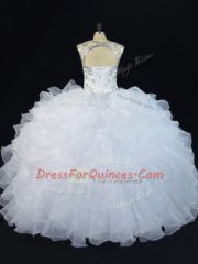 Simple Floor Length Lace Up Ball Gown Prom Dress White for Sweet 16 and Quinceanera with Beading and Ruffles