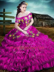 Ball Gowns Quinceanera Dress Fuchsia Off The Shoulder Organza Sleeveless Floor Length Lace Up