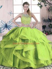 Low Price Green Lace Up Scoop Beading and Lace and Ruffles Sweet 16 Dresses Tulle Sleeveless