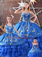 Satin and Organza Sweetheart Sleeveless Lace Up Embroidery 15 Quinceanera Dress in Blue
