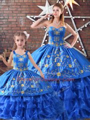 Satin and Organza Sweetheart Sleeveless Lace Up Embroidery 15 Quinceanera Dress in Blue