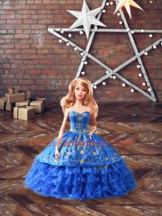 Satin and Organza Sweetheart Sleeveless Lace Up Embroidery 15 Quinceanera Dress in Blue