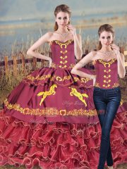 Adorable Burgundy Two Pieces Embroidery and Ruffles Quince Ball Gowns Lace Up Satin and Organza Sleeveless