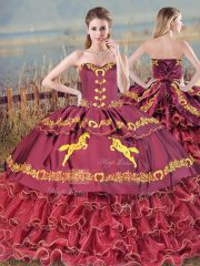 Adorable Burgundy Two Pieces Embroidery and Ruffles Quince Ball Gowns Lace Up Satin and Organza Sleeveless