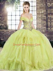 Decent Ball Gowns Vestidos de Quinceanera Yellow Green Off The Shoulder Tulle Sleeveless Floor Length Lace Up