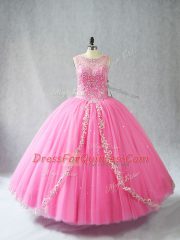 Rose Pink Lace Up Scoop Beading and Appliques Sweet 16 Dresses Tulle Sleeveless