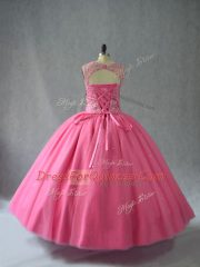 Rose Pink Lace Up Scoop Beading and Appliques Sweet 16 Dresses Tulle Sleeveless