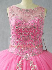 Rose Pink Lace Up Scoop Beading and Appliques Sweet 16 Dresses Tulle Sleeveless