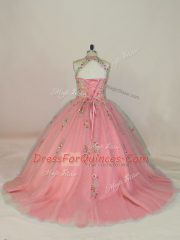 Tulle Halter Top Sleeveless Brush Train Lace Up Appliques and Embroidery Quinceanera Dresses in Pink