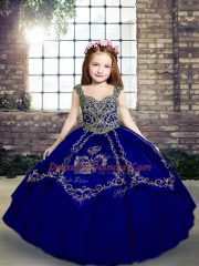Super Sleeveless Tulle Floor Length Lace Up Custom Made Pageant Dress in Royal Blue with Beading and Embroidery