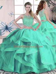 Stunning Beading and Ruffles Quinceanera Dresses Turquoise Lace Up Sleeveless Floor Length