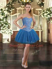 Mini Length Blue Prom Dress Sweetheart Sleeveless Lace Up