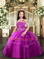 Fuchsia Straps Neckline Beading and Ruching Child Pageant Dress Sleeveless Lace Up