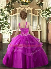 Fuchsia Straps Neckline Beading and Ruching Child Pageant Dress Sleeveless Lace Up