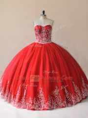 Red Tulle Lace Up Sweetheart Sleeveless Floor Length Sweet 16 Dresses Embroidery