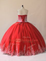 Red Tulle Lace Up Sweetheart Sleeveless Floor Length Sweet 16 Dresses Embroidery
