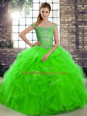Beauteous Off The Shoulder Sleeveless Sweet 16 Dresses Brush Train Beading and Ruffles Green Tulle