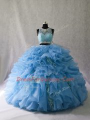 Fancy Blue Sleeveless Beading and Ruffles Zipper Quince Ball Gowns