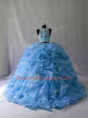 Fancy Blue Sleeveless Beading and Ruffles Zipper Quince Ball Gowns