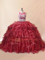 Attractive Scoop Sleeveless Brush Train Zipper Sweet 16 Quinceanera Dress Red Organza