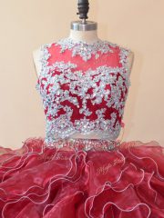 Attractive Scoop Sleeveless Brush Train Zipper Sweet 16 Quinceanera Dress Red Organza
