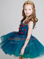 Flare V-neck Sleeveless Zipper Toddler Flower Girl Dress Teal Organza