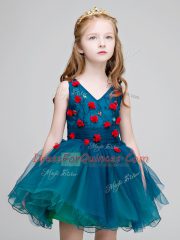 Flare V-neck Sleeveless Zipper Toddler Flower Girl Dress Teal Organza