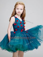 Flare V-neck Sleeveless Zipper Toddler Flower Girl Dress Teal Organza