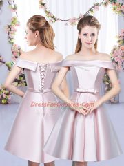 Sleeveless Satin Floor Length Lace Up Vestidos de Damas in Baby Pink with Bowknot