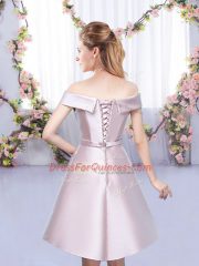 Sleeveless Satin Floor Length Lace Up Vestidos de Damas in Baby Pink with Bowknot
