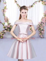 Sleeveless Satin Floor Length Lace Up Vestidos de Damas in Baby Pink with Bowknot