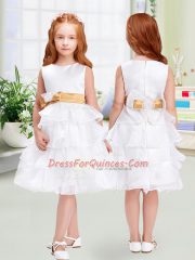 White Scoop Zipper Ruffled Layers and Bowknot Toddler Flower Girl Dress Sleeveless
