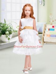 White Scoop Zipper Ruffled Layers and Bowknot Toddler Flower Girl Dress Sleeveless
