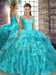 Customized Aqua Blue Organza Lace Up Off The Shoulder Sleeveless Quince Ball Gowns Brush Train Beading and Ruffles
