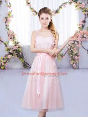 Sleeveless Tulle Tea Length Lace Up Vestidos de Damas in Baby Pink with Lace and Belt