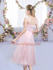 Sleeveless Tulle Tea Length Lace Up Vestidos de Damas in Baby Pink with Lace and Belt