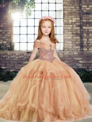 Pretty Champagne Lace Up Straps Beading Custom Made Pageant Dress Tulle Sleeveless