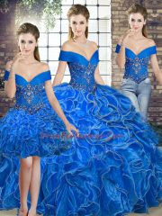 Royal Blue Lace Up Off The Shoulder Beading and Ruffles Sweet 16 Dresses Organza Sleeveless