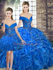 Royal Blue Lace Up Off The Shoulder Beading and Ruffles Sweet 16 Dresses Organza Sleeveless