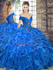 Royal Blue Lace Up Off The Shoulder Beading and Ruffles Sweet 16 Dresses Organza Sleeveless