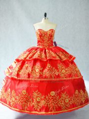 Red Ball Gowns Sweetheart Sleeveless Satin and Organza Floor Length Lace Up Embroidery and Ruffled Layers 15 Quinceanera Dress