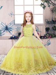 Attractive Scoop Sleeveless Pageant Dress Wholesale Floor Length Lace and Appliques Yellow Green Tulle