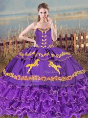 Custom Design Purple Ball Gowns Sweetheart Sleeveless Organza Lace Up Embroidery and Ruffled Layers 15 Quinceanera Dress