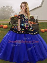 Sleeveless Tulle Floor Length Lace Up Quinceanera Dresses in Royal Blue with Embroidery