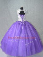 Lovely Lavender Tulle Lace Up Scoop Sleeveless Floor Length Quinceanera Gowns Lace