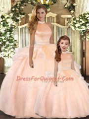 High Class Halter Top Sleeveless Backless Sweet 16 Dresses Peach Organza