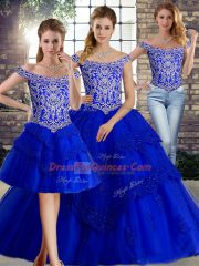 Beauteous Royal Blue Tulle Lace Up Quinceanera Dress Sleeveless Brush Train Beading and Lace