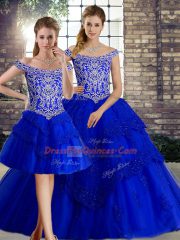 Beauteous Royal Blue Tulle Lace Up Quinceanera Dress Sleeveless Brush Train Beading and Lace
